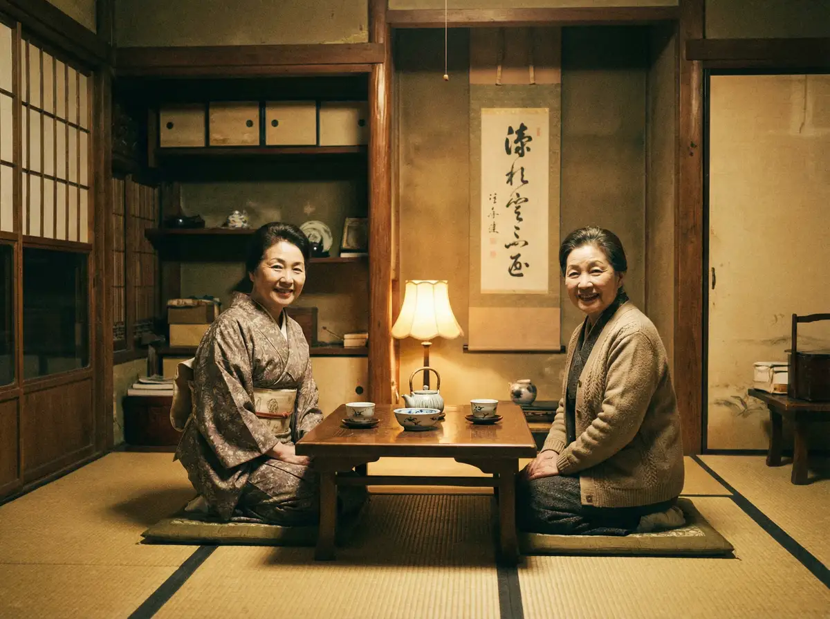 两位优雅的 欧美伦理 在日式茶室中品茶交谈